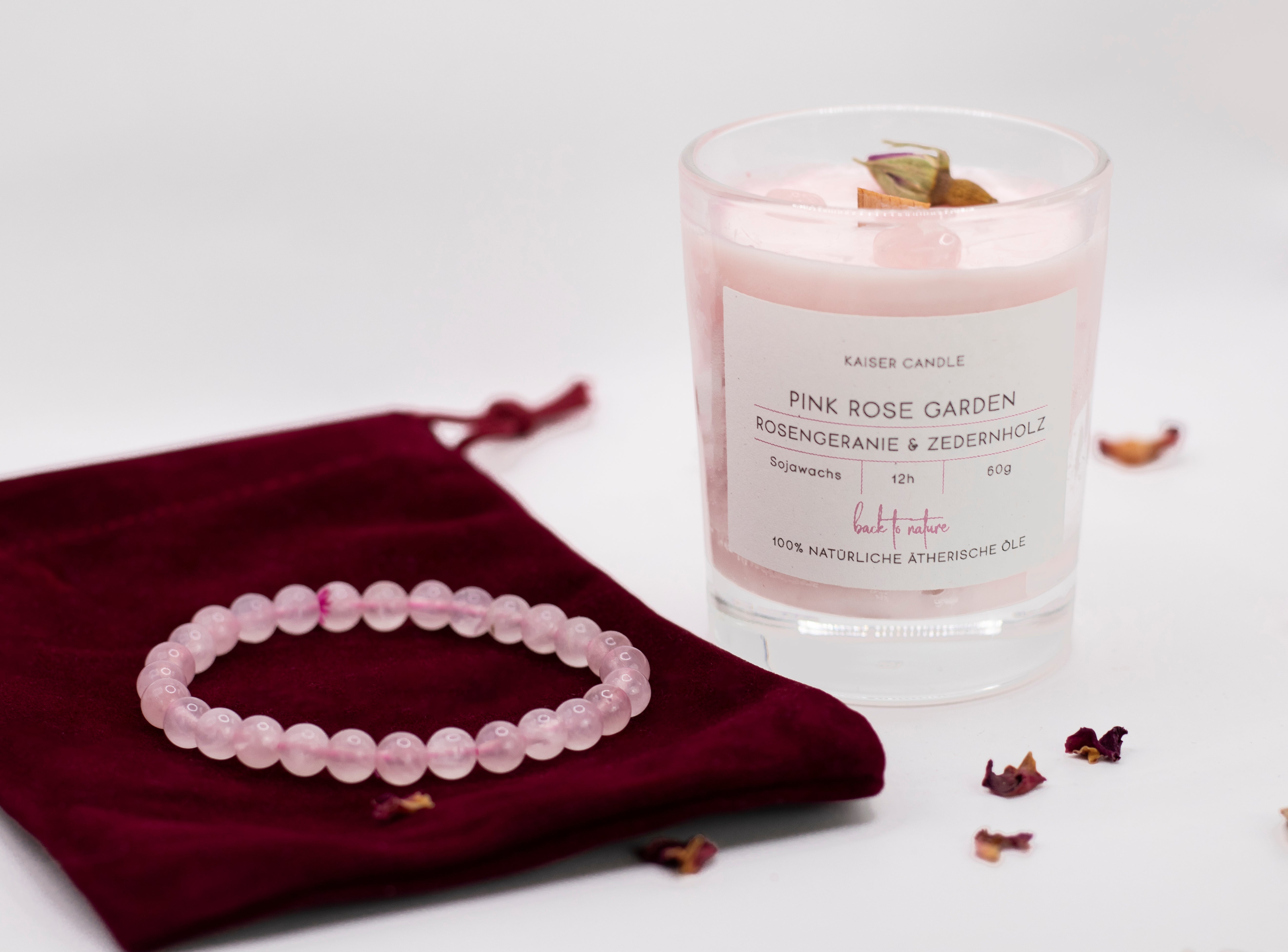 Pink Rose Garden Valentinstag Geschenkset – Duftkerze mit Rosenquarz & Rosenquarz Kugelarmband