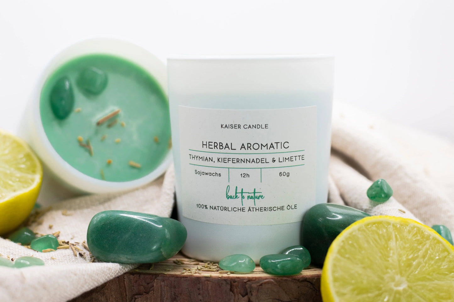 „Herbal Aromatic" handgefertigte Sojawachsduftkerze mit grünem Aventurin 60 g / 200 g Kaiser Candle