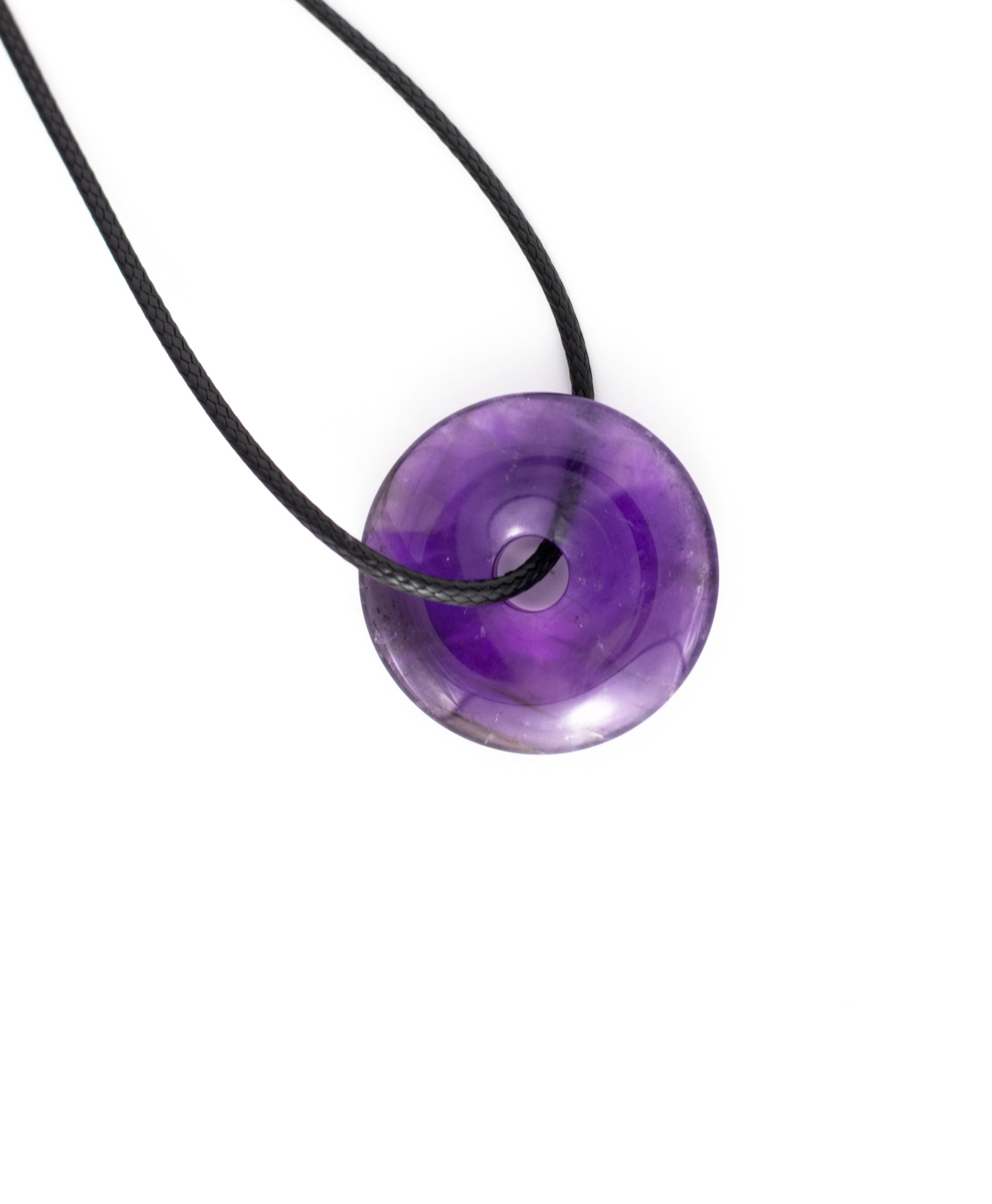 Amethyst Donut Anhänger Ø 30 mm mit geflochtener Baumwollkette und Karabinerverschluss, fördert geistige Klarheit, inneren Frieden und Meditation