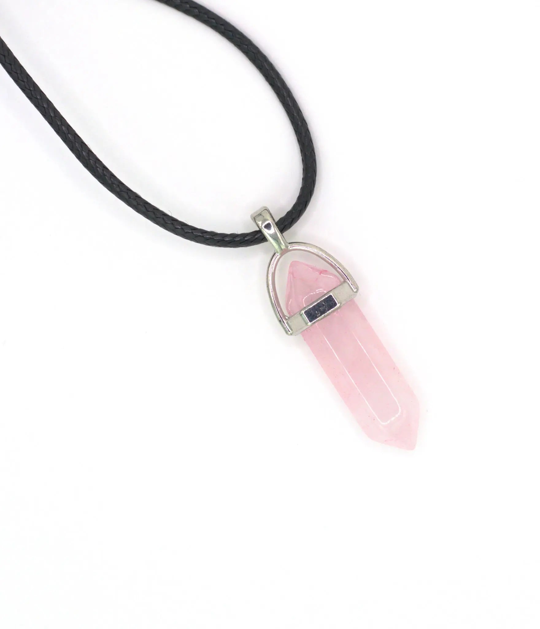 Rosenquarz Anhänger Doppelspitze mit geflochtener Baumwollkette und Karabinerverschluss, fördert Liebe, Harmonie und Selbstliebe