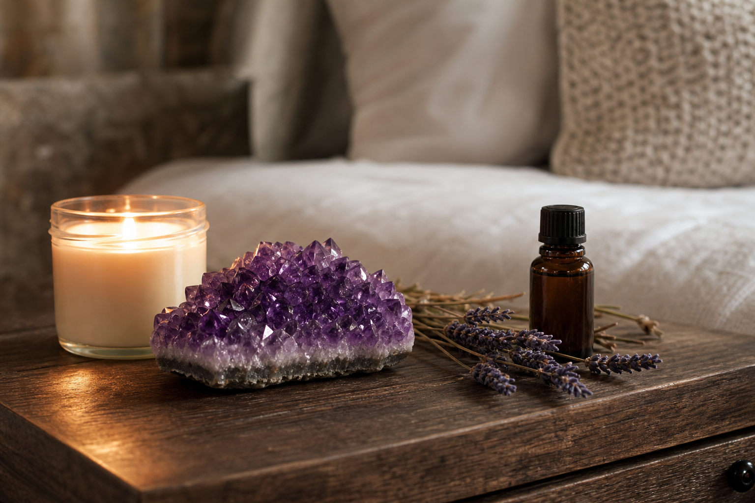 Amethyststufe neben Sojawachsduftkerze und ätherischem Öl sowie Lavendel auf Holztisch platziert; dahinter ein beiges Sofa