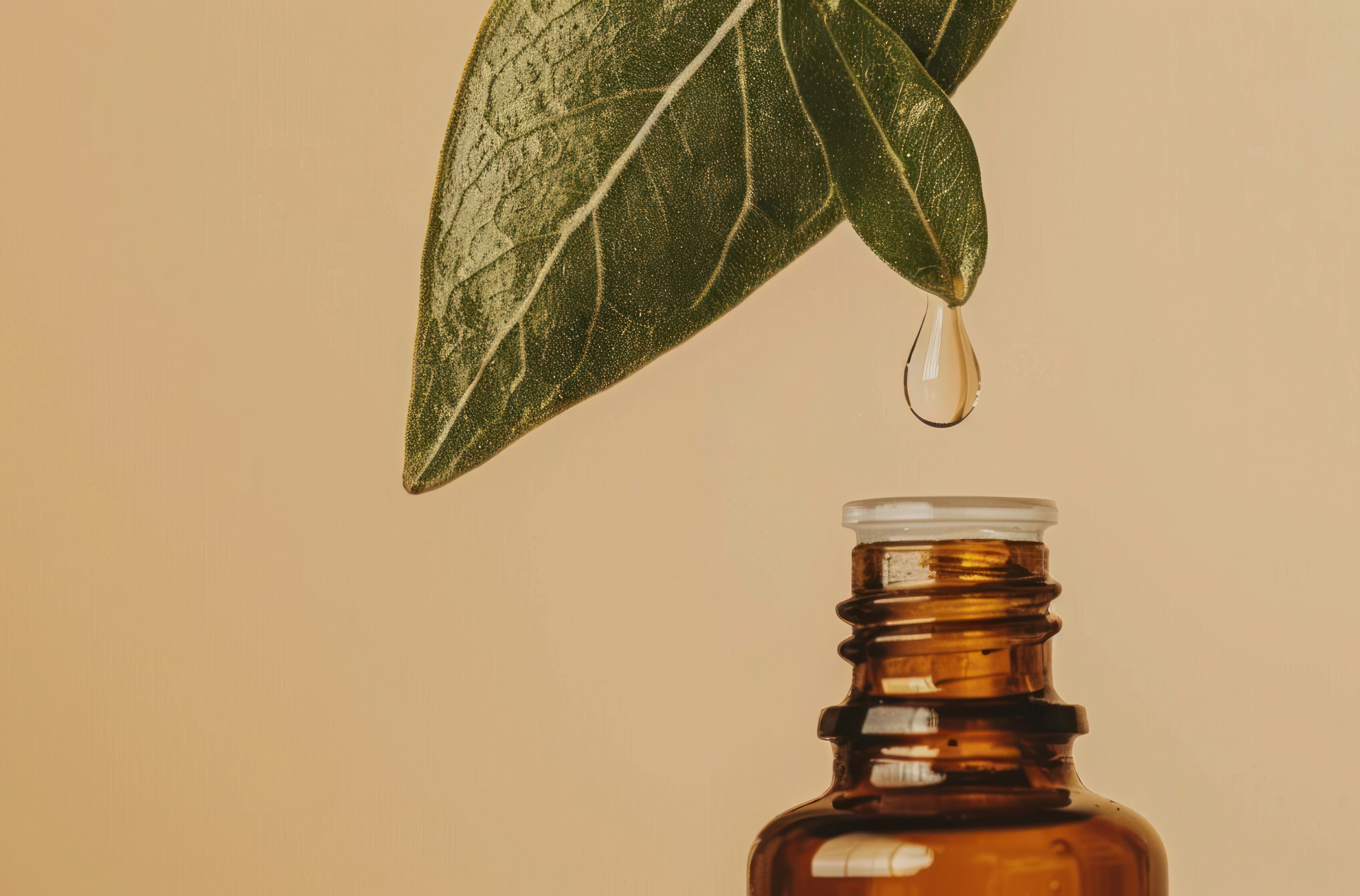 Hochwertige ätherische Öle in Braunglasflasche auf hellem Untergrund mit natürlichem Pflanzenmaterial