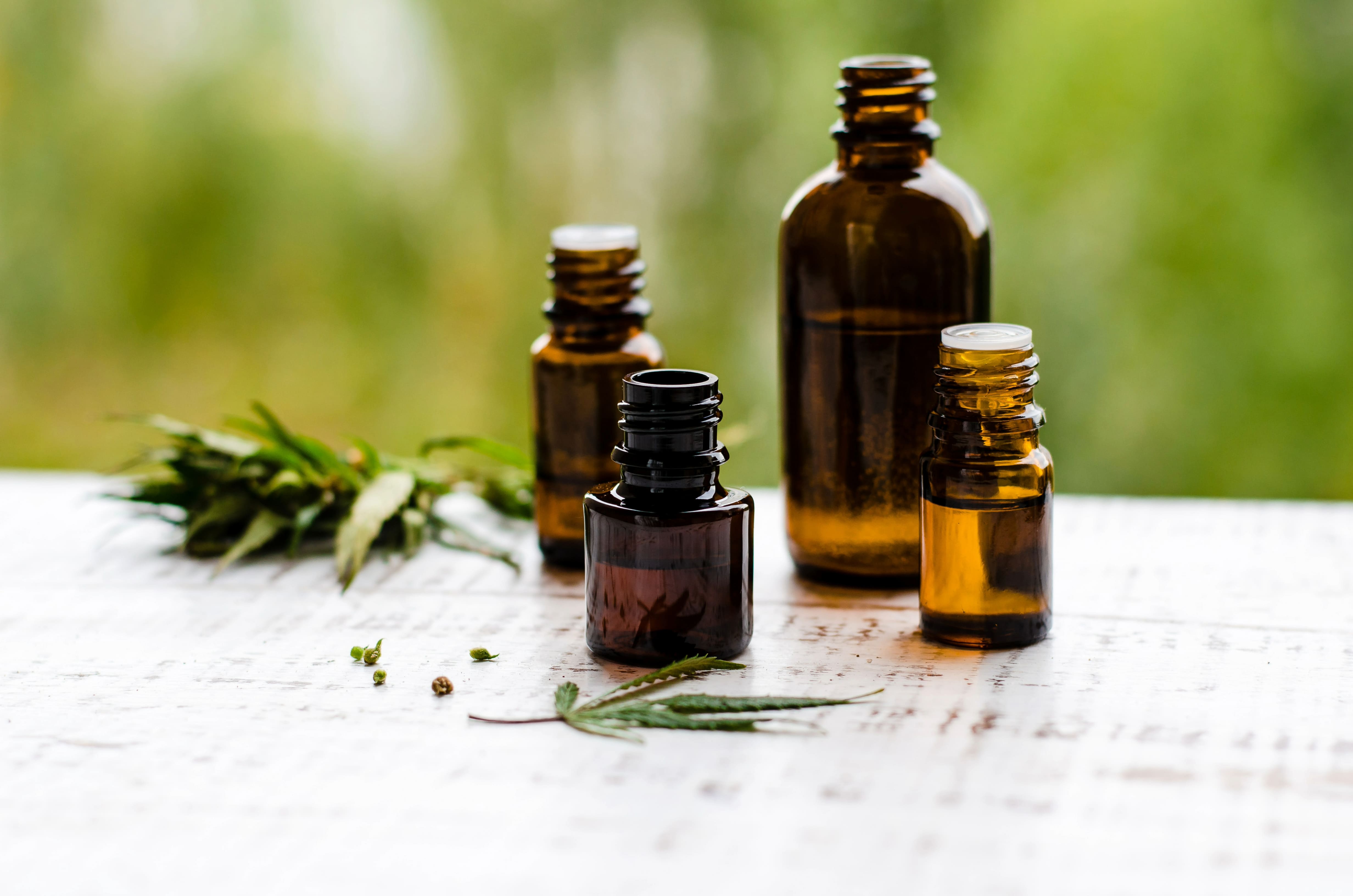  Zwei braune Apothekerfläschchen mit ätherischem Oreganoöl auf Holzplatte, umgeben von frischen grünen Oreganoblättern. Ein Fläschchen aufrecht, das andere lehnt in einer dunklen Holzschale. Im Hintergrund unscharfe Natur mit grünem Pflanzenmotiv.