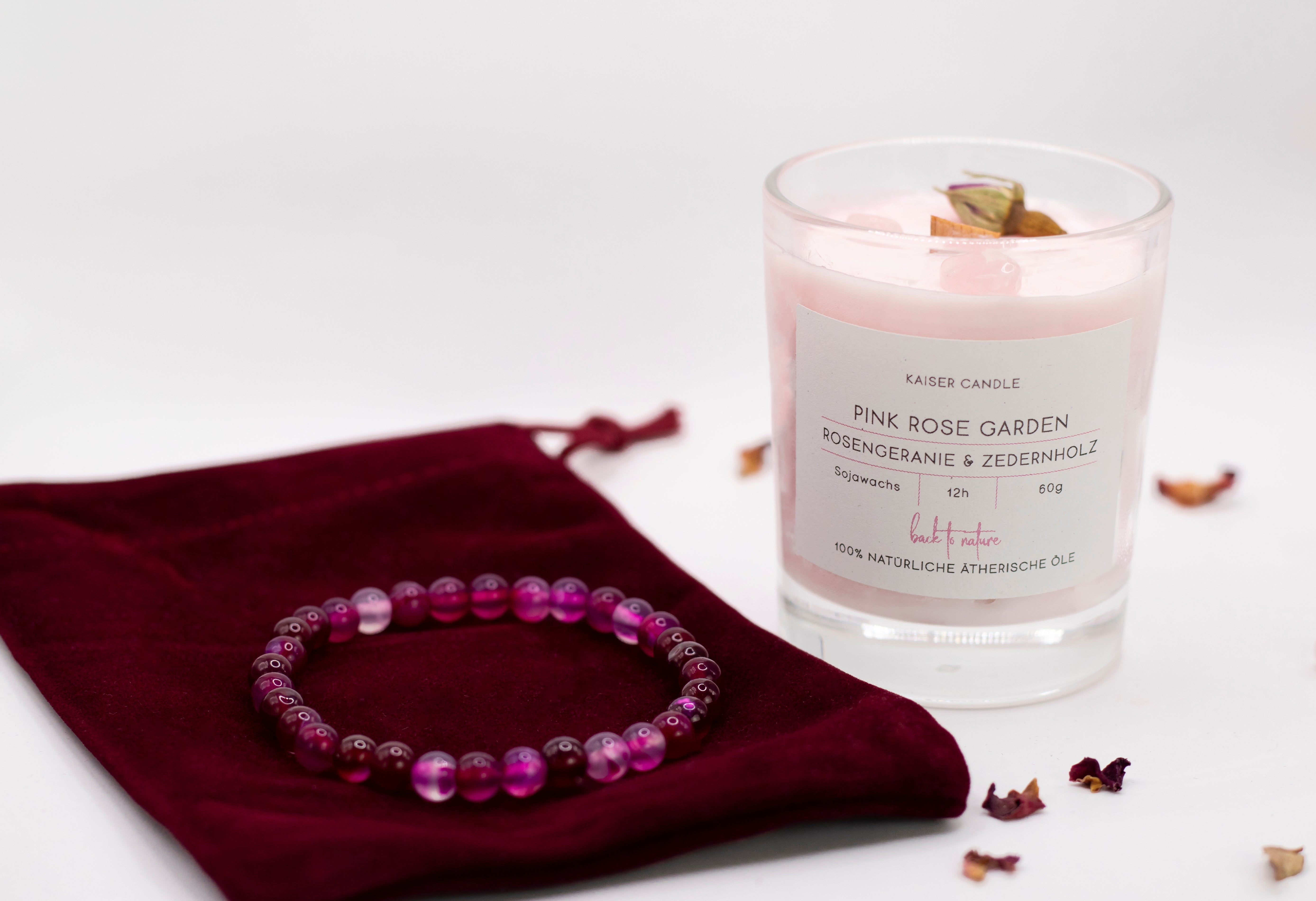 Pink Rose Garden Valentinstag Geschenkset – Duftkerze mit Rosenquarz & Achat Kugelarmband