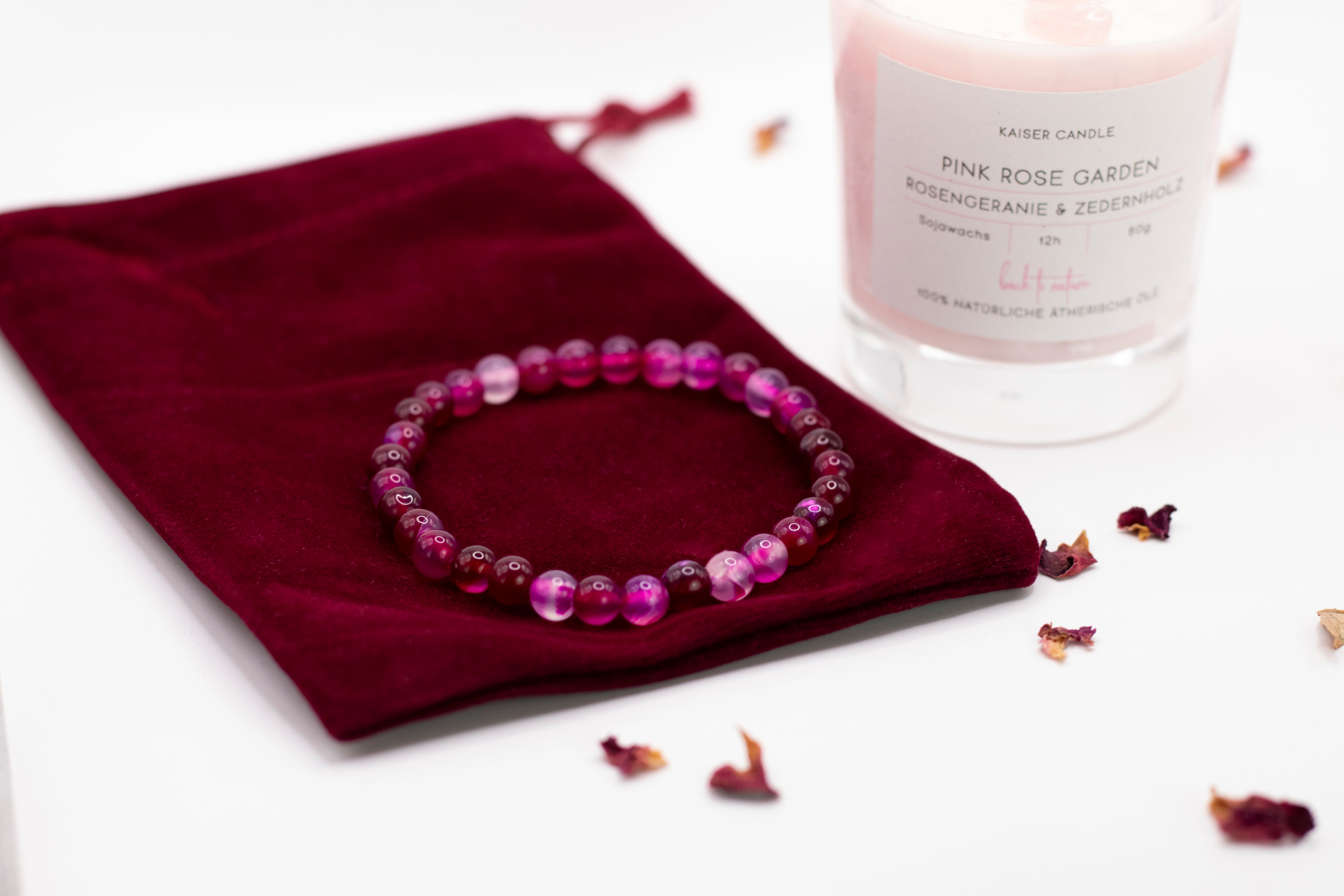 Pink Rose Garden Geschenkset – Duftkerze mit Rosenquarz & Achat Kugelarmband