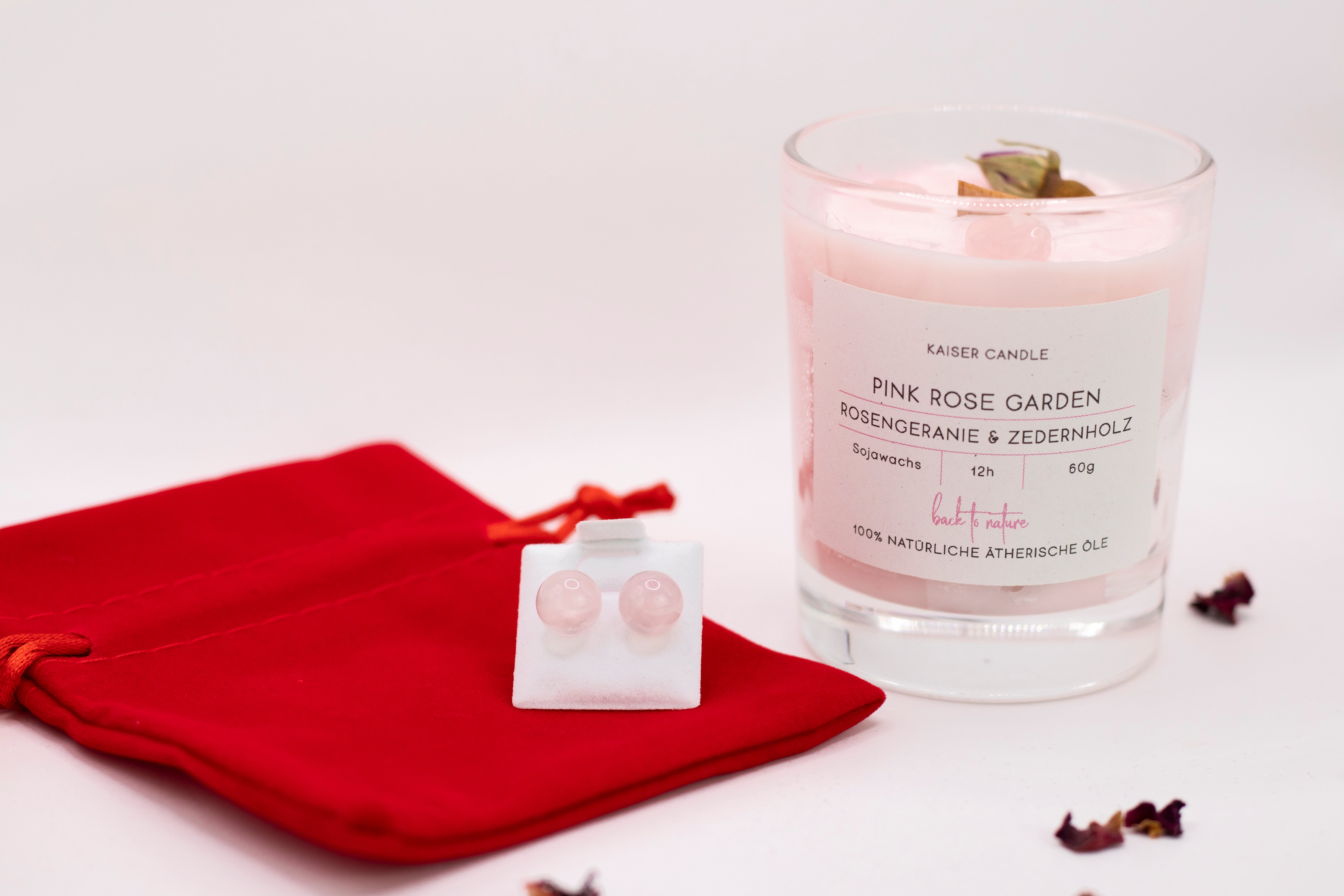 Pink Rose Garden Valentinstag Geschenkset – Duftkerze mit Rosenquarz & Rosenquarz Ohrstecker versilbert