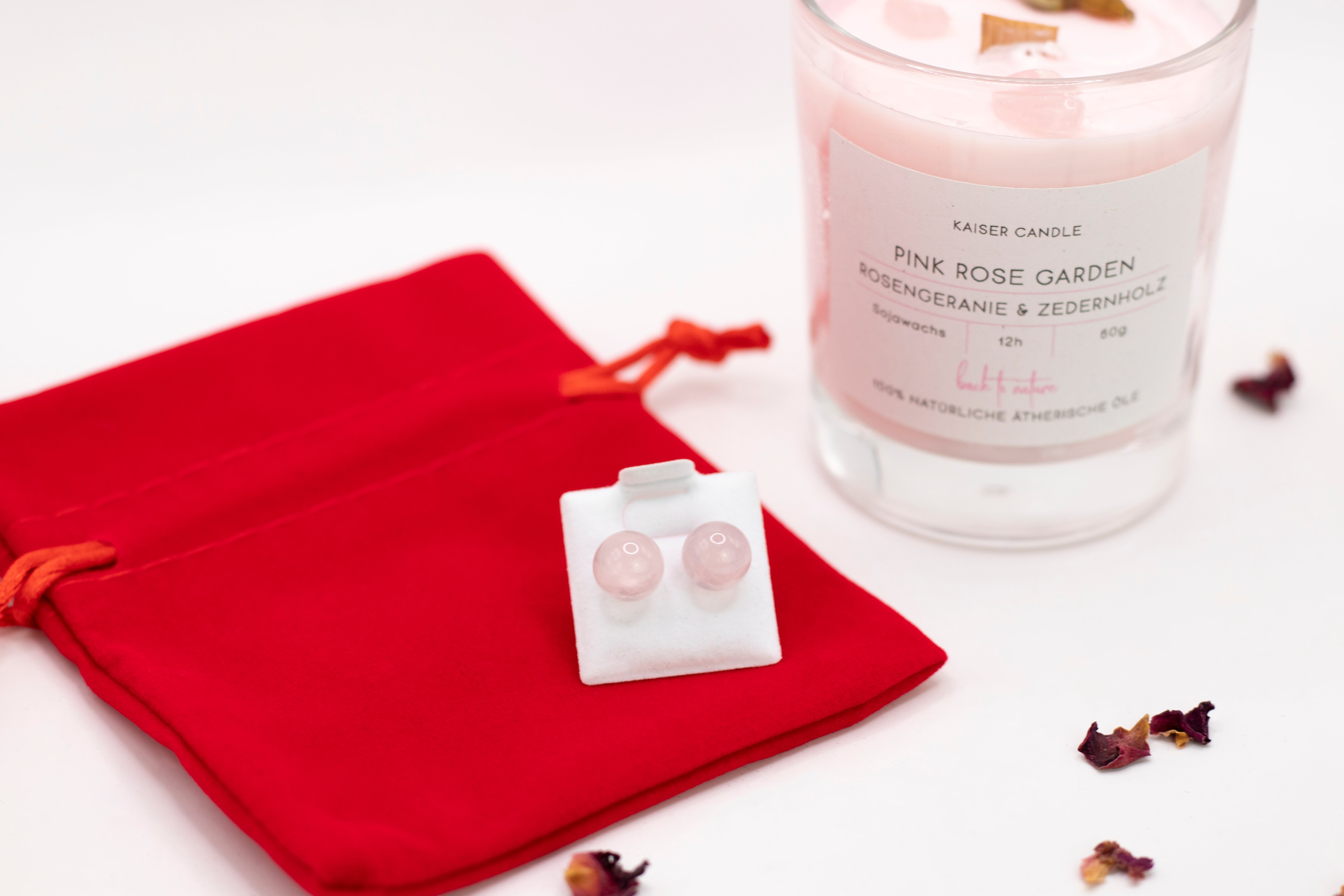 Pink Rose Garden Valentinstag Geschenkset – Duftkerze mit Rosenquarz & Rosenquarz Ohrstecker versilbert