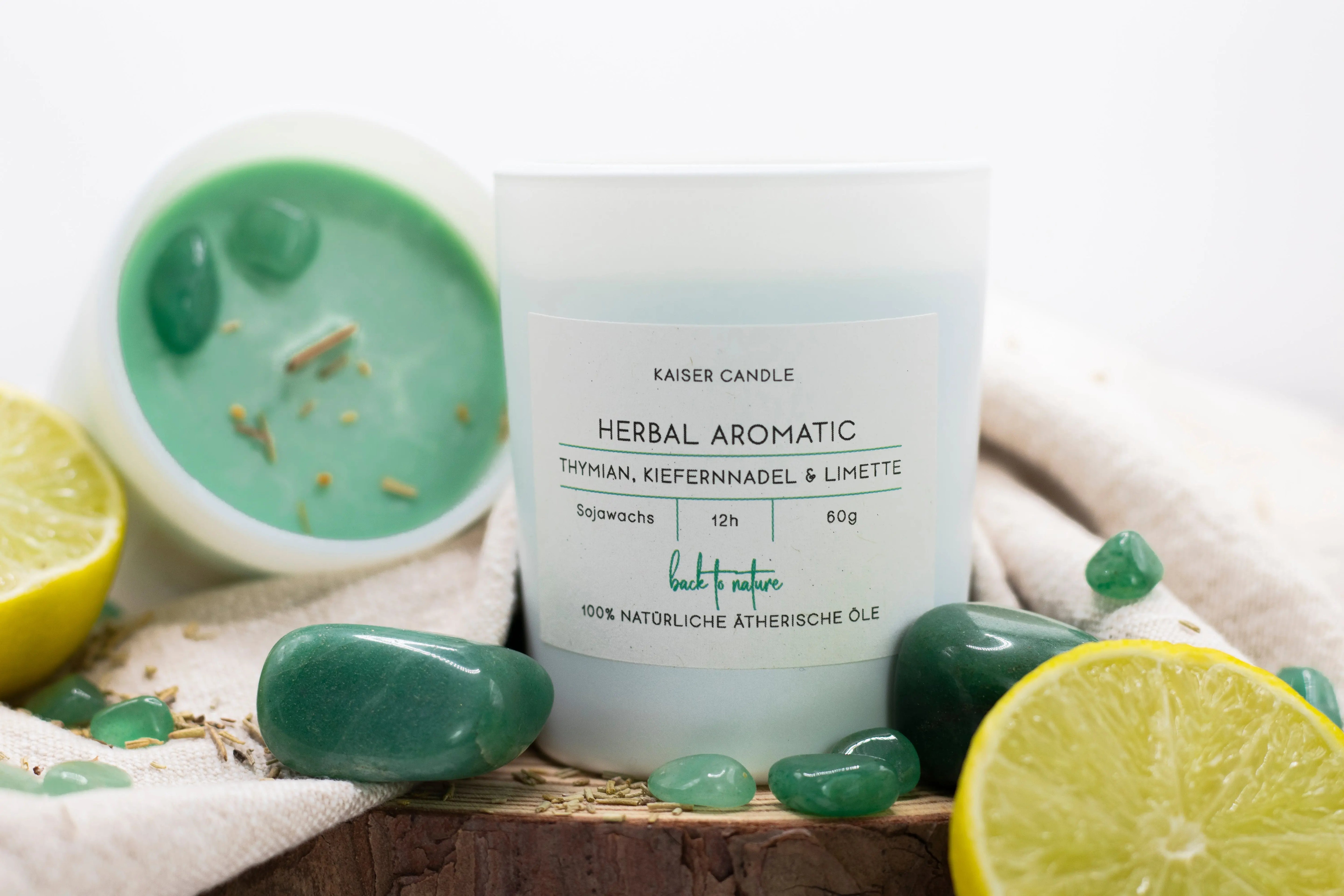 „Herbal Aromatic" handgefertigte Sojawachsduftkerze mit grünem Aventurin 60 g / 200 g Kaiser Candle