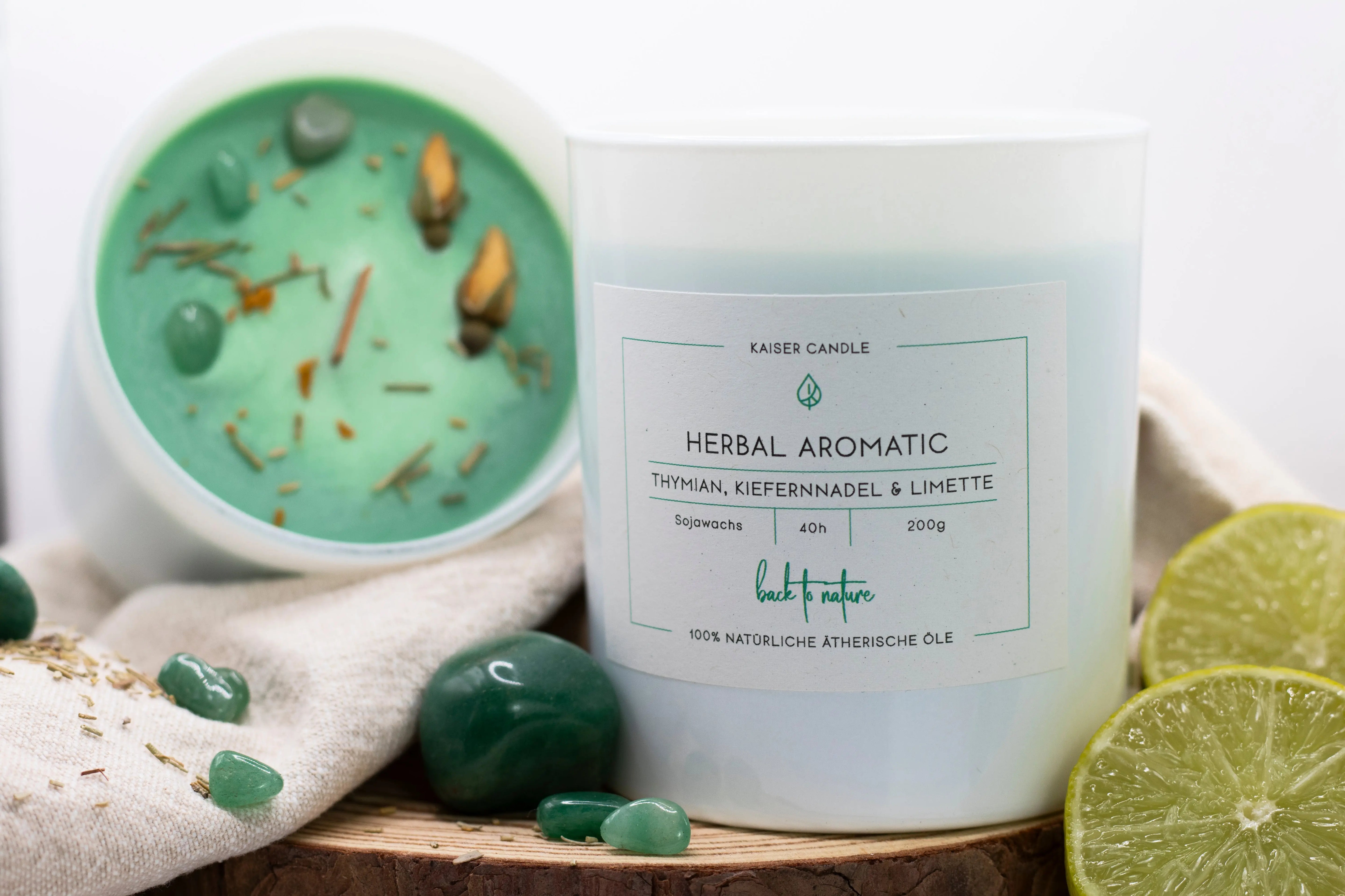 „Herbal Aromatic" handgefertigte Sojawachsduftkerze mit grünem Aventurin 60 g / 200 g Kaiser Candle