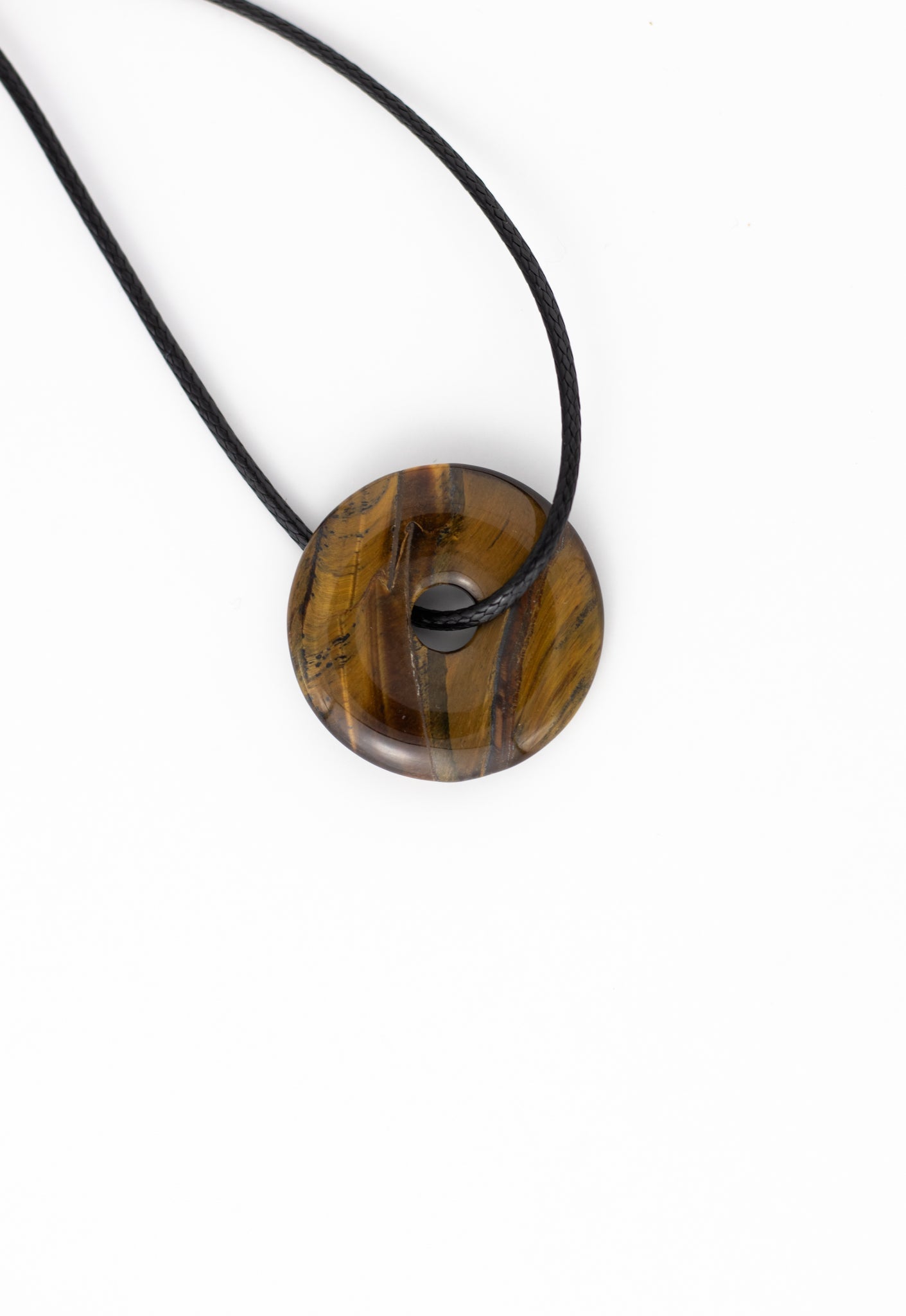 Tigerauge Donut Anhänger Ø 30 mm mit geflochtener Baumwollkette und Karabinerverschluss, Schutzstein für innere Stärke und Fokus